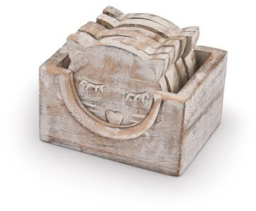 Kimona aus Holz gefertigte, einzigartige, Bezaubernde Untersetzer in Katzenform, 6er-Set mit Halter, Bar-Esstisch-Heimdekorationor