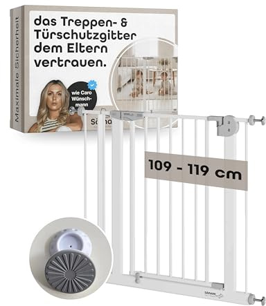 Sämann Türschutzgitter & Treppenschutzgitter zum Klemmen ohne Bohren | für Öffnungen von 102-112 cm | selbstschließendes Absperrgitter mit Verlängerung | Absperrgitter | mit Elefantenfuß
