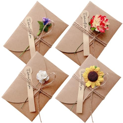 4 Pezzi Biglietto di Auguri Cartolina Buste Retrò Carta Kraft Fiori Secchi Decorato Cartolina 3D Biglietti d'Auguri con Buste in Carta Kraft retrò Decorati con Fiori Secchi.