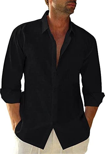 Friptspyg Linen Shirts Mens Long Sleeve Button Down Beach Causal Shirts for Men Adult UK with Pocket, Black XL