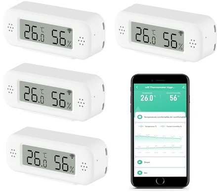 WiFi Thermometer Hygrometer Innen: Smart Temperatursensor, Digitaler Temperatur Feuchtigkeitsmonitor mit Smart App & Datenaufzeichnung, Kompatibel mit Alexa, für Schlafzimmer Gewächshaus Keller (4PC)