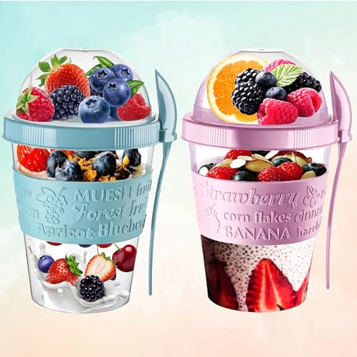 Yogurt Pots Reusable 20 Oz Overnight Oats Container with Lid & Spoon BPA free Breakfast Pots to GO Cereal On the Go Dishwasher Safe Lunch Oatmeal Jars (Set of 2 (Marble Blue + Lilac Pink))