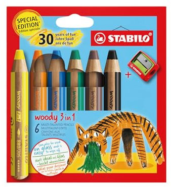 STABILO - Buntstift, Wasserfarbe & Wachsmalkreide - woody 3 in 1 - Jubiläumsedition - Tiger - 6er Pack mit Spitzer - 6 Farben