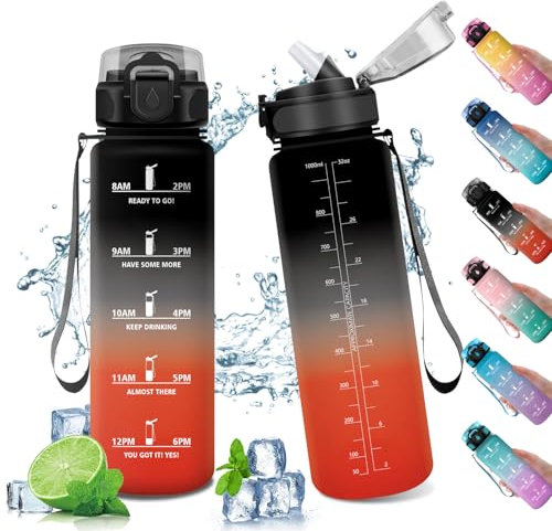 Sportflasche 1L, Wasserflasche Sport Auslaufsicher mit Zeitmarkierung, Trinkflasche Auslaufsicher, Wasserflasche mit Strohhalm, Wasserflasche für Fitness, Camping, Fahhrad, Erwachsener, Sprudel