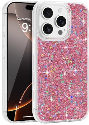 LCHULLE Designed for iPhone 16 Pro Max Case,Women Girls Glitter Bling Shockproof Bumper Cover,Cute Sparkly Shiny Slim Fit Protective Phone Case for iPhone 16 Pro Max 6.9 inch,Pink