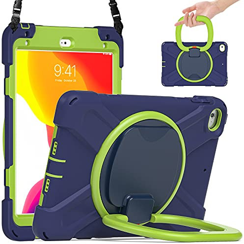 Compatible avec iPad mini 4/Mini 5 7,9 (2015/2019), coque robuste en TPU résistant aux chocs pour enfants, poignée rotative à 360 degrés, support robuste, béquille + bandoulière. Bleu marine + citron