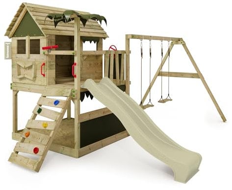 FATMOOSE Spielturm Klettergerüst TikaTaka Town XXL mit Schaukel & salbeigrüner Rutsche, Outdoor Kinder Kletterturm mit Sandkasten Leiter & Spiel-Zubehör für den Garten