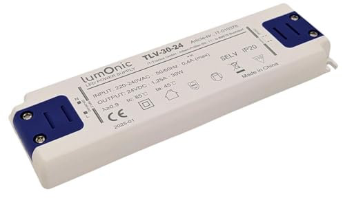 Lumonic I LED Trafo TLV-30-24 I 24V 30W I Input 220-240VAC I flimmerfrei & ultradünn I Überlastschutz I LED-Netzteil I für LED-Beleuchtung & LED-Streifen