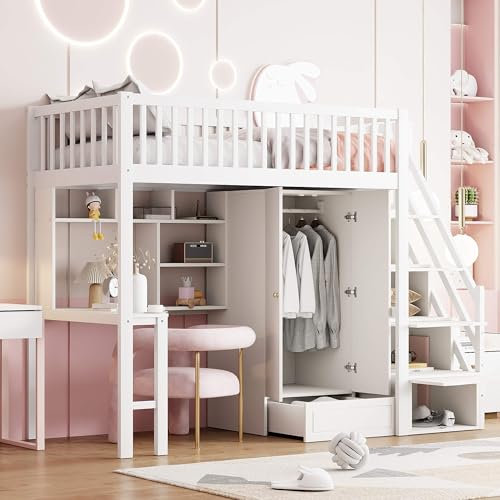 HYUB Hochbett Kinderbett 90x200 cm mit Kleiderschrank und Schreibtisch, Etagenbett Jugendbett mit Treppe und Stauraum, Stauraumbett mit Rausfallschutz und Lattenrost, Weiß