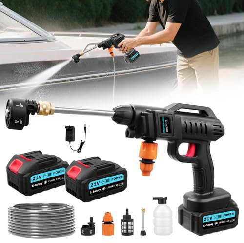 Akku Hochdruckreiniger, 21V 62Bar Mobile Akku-Hochdruckreiniger, hochdruckreiniger akku mit 2 akku, 6-in-1-Multifunktionsdüse, 5M Schlauch, Filterkessel, Tragbarer hochdruckreinige𝗿 für Auto, Gärten