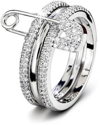 Pregeckit Modische Sicherheitsnadel, stapelbare Ringe für Frauen, Zirkonia, Pavé-Fassung, mehrere Glieder, Statement-Ringe, klobig, stapelbar, Schmuck, Geschenk