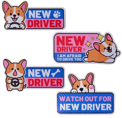 lasuroa 4stk Lustige Corgi New Driver Auto Magnete, Cartoon Hund Reflektierende Schülerfahrer Schilder Sicherheitswarnung Magnetische Stoßstangenaufkleber Autoaufkleber für Fahranfänger Geschenke