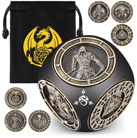DND Fingertip Spinner Würfel, Metall 7-in-1 Würfel Set mit Drachen Logo Beutel, Cube mit 3D Relief, D&D Rotierende Spielwürfel, RPG, Brettspielzubehör, Geschenk für DND Fans, Männer, Schwarz Bronze