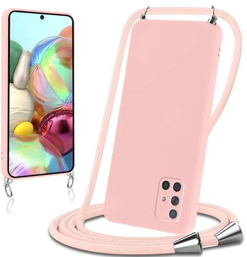 Knrlqim Coque avec Cordon pour Samsung Galaxy A71 4G Collier Lanière Silicone Liquide Bumper Housse Réglable Téléphone Étui Portable Lanyard Case Cover Protection pour Samsung A71 4G 6,7,Rose