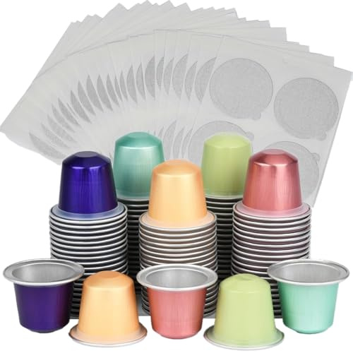 Fegtrtyoa Kit de 100 Capsules de Café Vides en Aluminium à Remplir, avec Couvercles Autocollants et Opercules. Créez Vos Propres Tasses à
