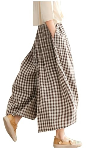 RLEHJN Wide Leg 3/4 Trousers for Women, Ladies Cropped Trousers Skirt Checked Printed Summer Loose Lounge Pants Baggy Elasticated Waist Plaid Capri Pants Three Quarter Length Bottoms with Pockets