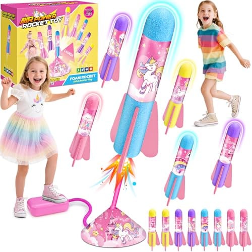 Anginne Unicorn Jump Rocket Toy for Kids 3-12, 8 Foam Rockets Outdoor Space Toys Garden Game, Jump to Launch Air Blaster Toy for Girls Age 3 4 5 6 7 8-12 Birthday Presents