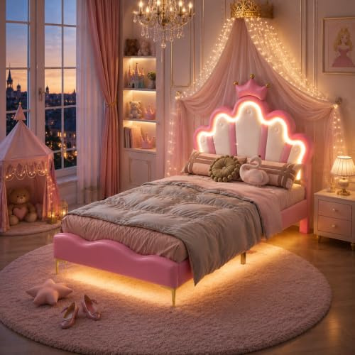 SAOOZBE Kinderbett Polsterbett 90x200cm, Prinzessinnenbett mit Led und Verstellbares Kopfteil in Kronenform Mädchenbett Einzelbett Jugendbett Bettgestell mit Lattenrost (Rosa G, 90x200cm)
