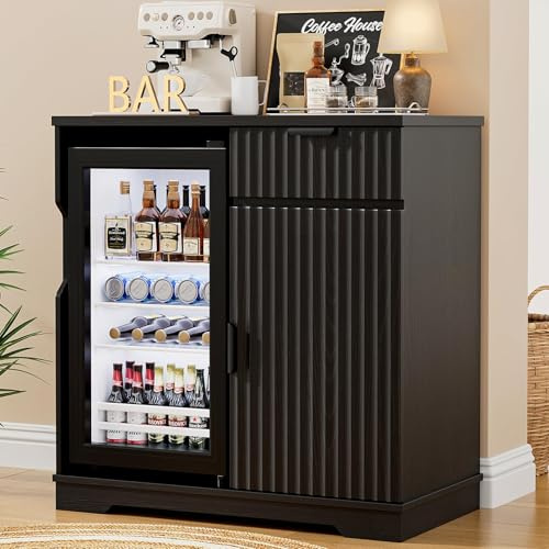Aauro Home Mini Fridge Cabinet (Fridge Included), Fluted Coffee Bar Cabinet with Refrigerator, Drawers & Storage Rack, Modern Sideboard Buffet Liquor Cabinet for Home Kitchen Dining Room, Black