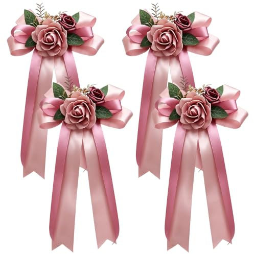 MospdyGear 4 PCS Wedding Car Door Handle Decor, Elegant Pink Artificial Floral Arrangements with Satin Bows, Ideal for Just Married Vehicles, Stylish Ceremony Accessories