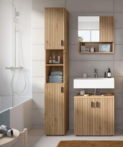 möbelando freiraum Mone Badkombination 3-teilig – Badezimmer-Set in Artisan Oak Nachbildung – 105x192x30 cm – FSC®-Zertifiziert – pflegeleicht & mit viel Stauraum