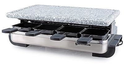 Swissmar Stelvio Raclette Party Grill with Granite Stone Non-Stick Grill Plate/Crepe Top, Outdoor & Indoor Electric BBQ Grill, Samgyupsal Griller - Brushed Stainless Steel - 8-Person - Silver