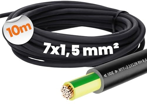 10 mètres Lapp 1550004 NYY-J Câble électrique 7G1,5 mm2 RE I Câble de terre ignifugé avec conducteur de protection GN/GE I Câble courant fort pour l'intérieur et l'extérieur I Câble souple noir