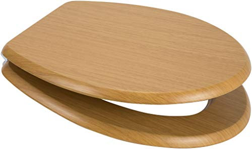 Euroshowers MDF White OR MDF Oak Wood Soft Close Toilet Seat with Top Fix/Blind Hole Fittings and Two Button Quick Release Hinges (Oval Shape Oak)
