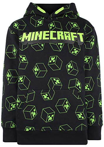 Minecraft Boys Patterned Hoodie - 100% Cotton Black With Green Creeper Design - Clothes Gifts (7-8 Years)