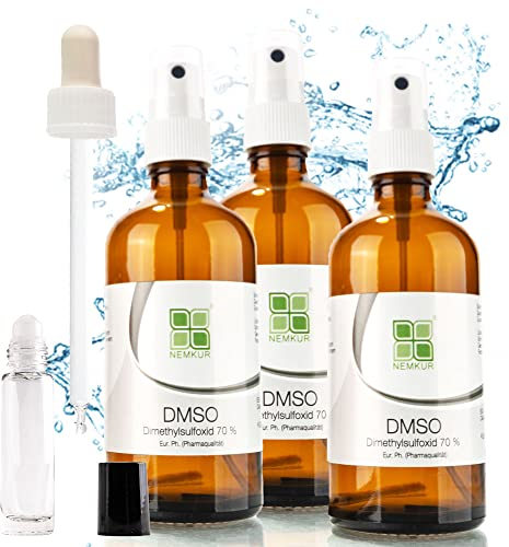 DMSO 100 ml 70% mit Zubehör - pharmazeutische Reinheit (Eur. Ph.) - Deutschland - (3 x DMSO 70% + Sprühkopf + Roll On + Pipette)