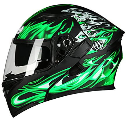 Casco Apribile Anteriore Per Moto Adulto Casco Integrale Modulare Per Moto Unisex Doppia Visiera Parasole Casco Moto Per Uomo Donna Casco Leggero Da Corsa Per Ciclomotori Approvato DOT/ECE,Verde,L