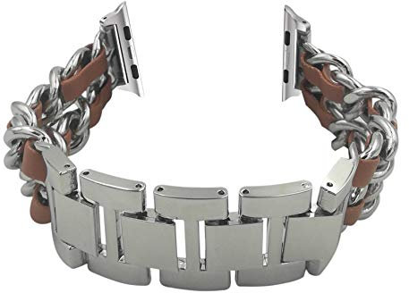 MaKTech Bracciale Stile Cowboy Cinturino in Lega Avvolgimento Pelle Compatibile con Apple Watch Series 11/10/9/8/7,Ultra 3/2/1,SE 3/2/1 [2025] (42mm/41mm/40mm,Silver/Marrone)