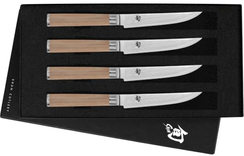 Shun Classic Blonde Steak Knife Set, 4 Piece, 4.75 Knives, Handcrafted Japanese Steak Knife Set, VG-MAX Core with Damascus Stainless Steel Cladding, Pakkawood Handle