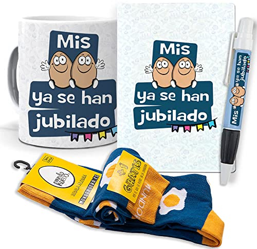 mundohuevo Super Regalo Personalizado para jubilación. Mis Huevos ya se han Jubilado. Taza, libreta, boli y Trio de Calcetines