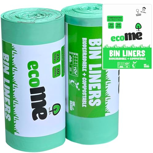 ecoME | 30L Extra Thick Kitchen Bin Bags - X25 Bin Liners Compostable & Biodegradable | EN 13432 Certified | UK Seller (30L - 25 BAGS)