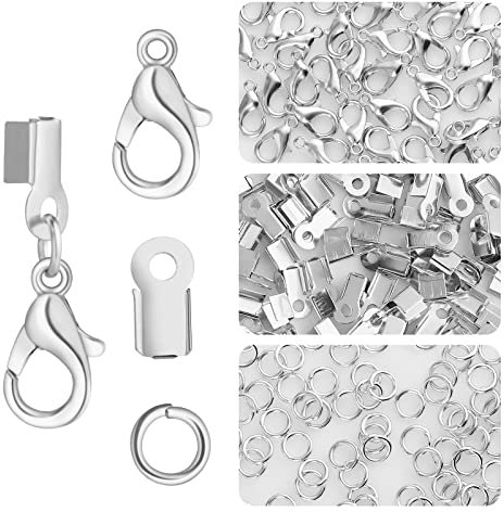 450 Piece Jewelry Making Accessories Kit Include 200 Fold Over Cord End Caps Crimp End Tips 200 Jump Ring Connectors and 50 Lobster Claw Clasps for Jewelry Making and Bracelets (Silver)