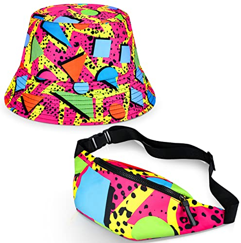 2 Stück Retro Vintage 80er 90er Jahre Bauchtasche Hüte Set, 35x14 cm/ 13.78x5.51 inches, Neon-Stil
