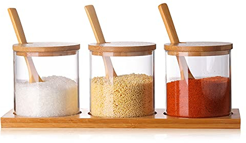 Hniuyun Condiment Container Seasoning Box Set, Glass Condiment Canisters Pots, Salt Sugar Spice Coffee Jar with Bamboo Wooden Spoon Lid and Base, Set of 3 10oz