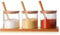Hniuyun Condiment Container Seasoning Box Set, Glass Condiment Canisters Pots, Salt Sugar Spice Coffee Jar with Bamboo Wooden Spoon Lid and Base, Set of 3 10oz