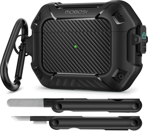MOBOSI for AirPods Pro Case with Cleaner Kit, Compatible with Airpod Pro 2 Case 1st/2nd Generation with Lock & Keychain, Full Body Shockproof Protective Cover (2023/2022/2019), Black