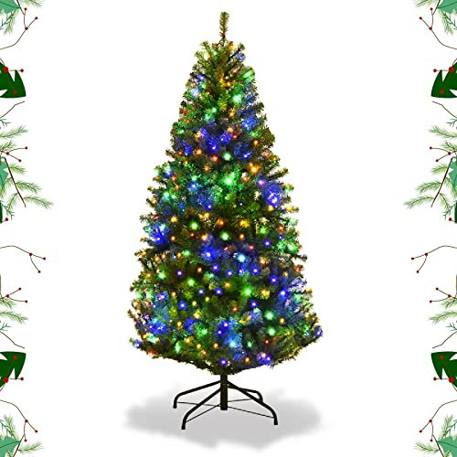 GYMAX Albero di Natale Automatico 120 cm, Illuminato a 100 LED Incorporate, Luci in 2 Colori, Ragolabile a 11 Modalità, 300 Rami Folti in PVC, Base Pieghevole in Ferro, Montaggio Facile