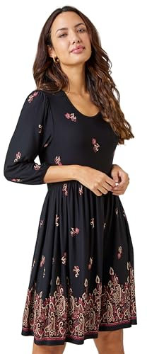 Roman Stretch Dress with Pockets for Women UK - Ladies Jersey Gathered Waist Spring Summer Knee Length Smart Casual Work Cocktail Party Going Out Fit & Flare Dinner - Copper - Size 12