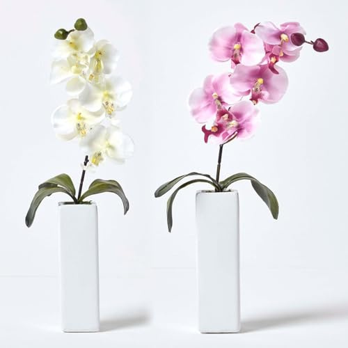 HOMESCAPES Set of 2 Artificial Cream & Pink Orchids in Thin Cream Case with Lifelike Leaves & Real Wood Stems Faux Plant for Indoor Decoration