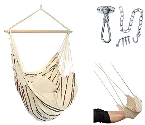 AMAZONAS Hängesessel Brasil Set Cappuccino | Brasil Hängesessel + Deckenhaken Power Hook + Fußablage | Sitzfläche 130x160 cm bis 150 kg hellgestreift