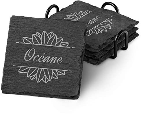 Maverton Ensemble de 4 Dessous de verre personnalisés - Sous-verres en ardoise avec support en métal noir - pour elle - pour femme - pour anniversaire - accessoire maison - Lotus