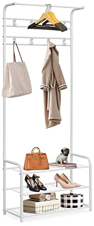 Panana 3 Tier Shelves Metal Coat Rack Stand with Shoe Storage Hallway Furniture 8 Hooks (White)