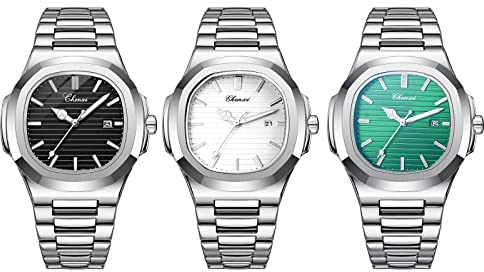 JewelryWe 3pcs Uhren Herren Analog Quarz Armbanduhr Luxus Mode Rechteckig Datum Kalender 30m Wasserdicht Edelstahl Armband Geschäfts Beiläufige Uhr mit Leuchtend Zeiger und Uhrenwerkzeug
