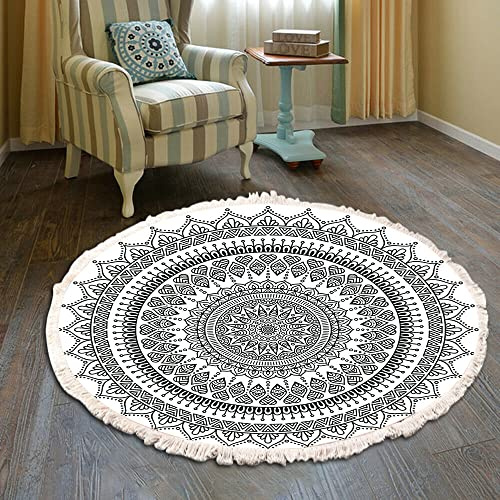 Duories Tapis rond en coton tissé à la main - Motif mandala - Style bohème vintage - Avec pompons - Lavable en machine - Pour chambre à coucher, couloir, salon, table basse - 120 cm - Fleurs #36