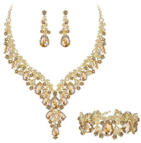 Clearine Damen Hochzeit Braut österreichischen Kristall Teardrop Blume Cluster Statement Halskette Ohrringe und Armband Schmuck-Set für Prom Champagner Gold-Ton