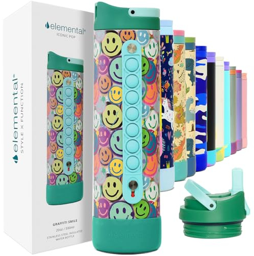 Elemental Iconic 591ml Triple-Wall Insulated Water Bottle with Straw – Sports-Lid & Pop Fidget Handle – Leakproof Stainless Steel Sports Water Bottle for Hot & Cold Drinks – Graffiti Smile